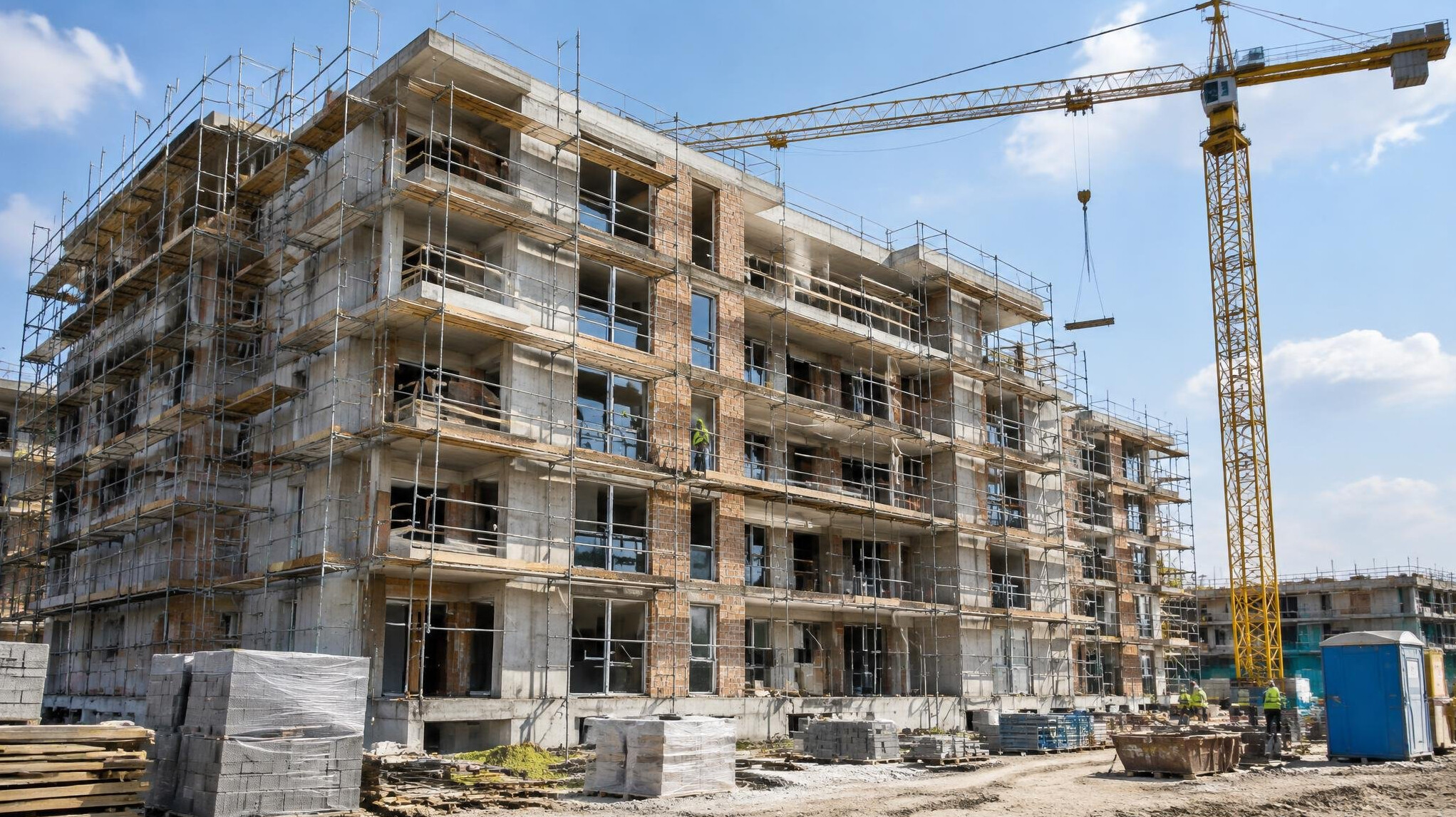 Residential building under construction with scaffolding
