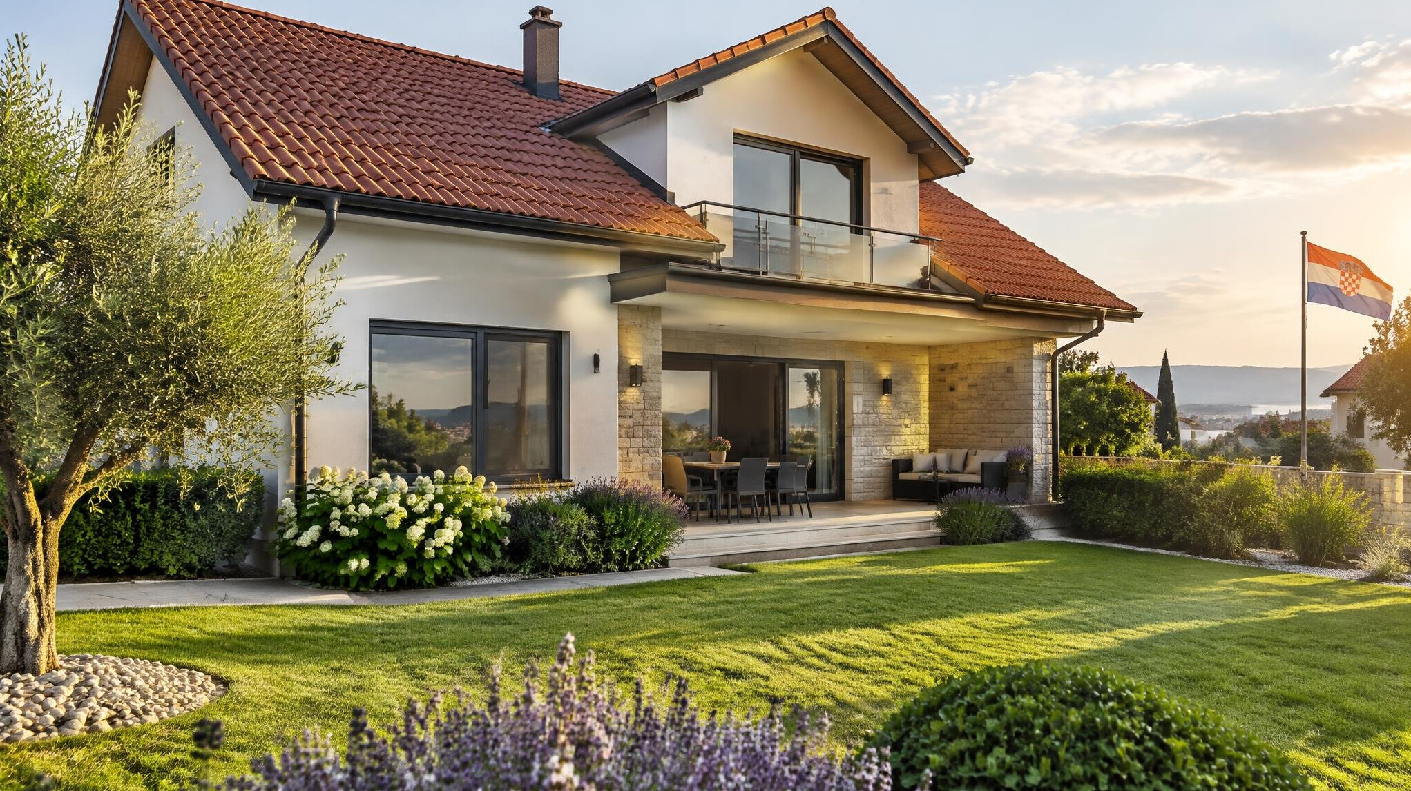 Modern family house exterior with garden