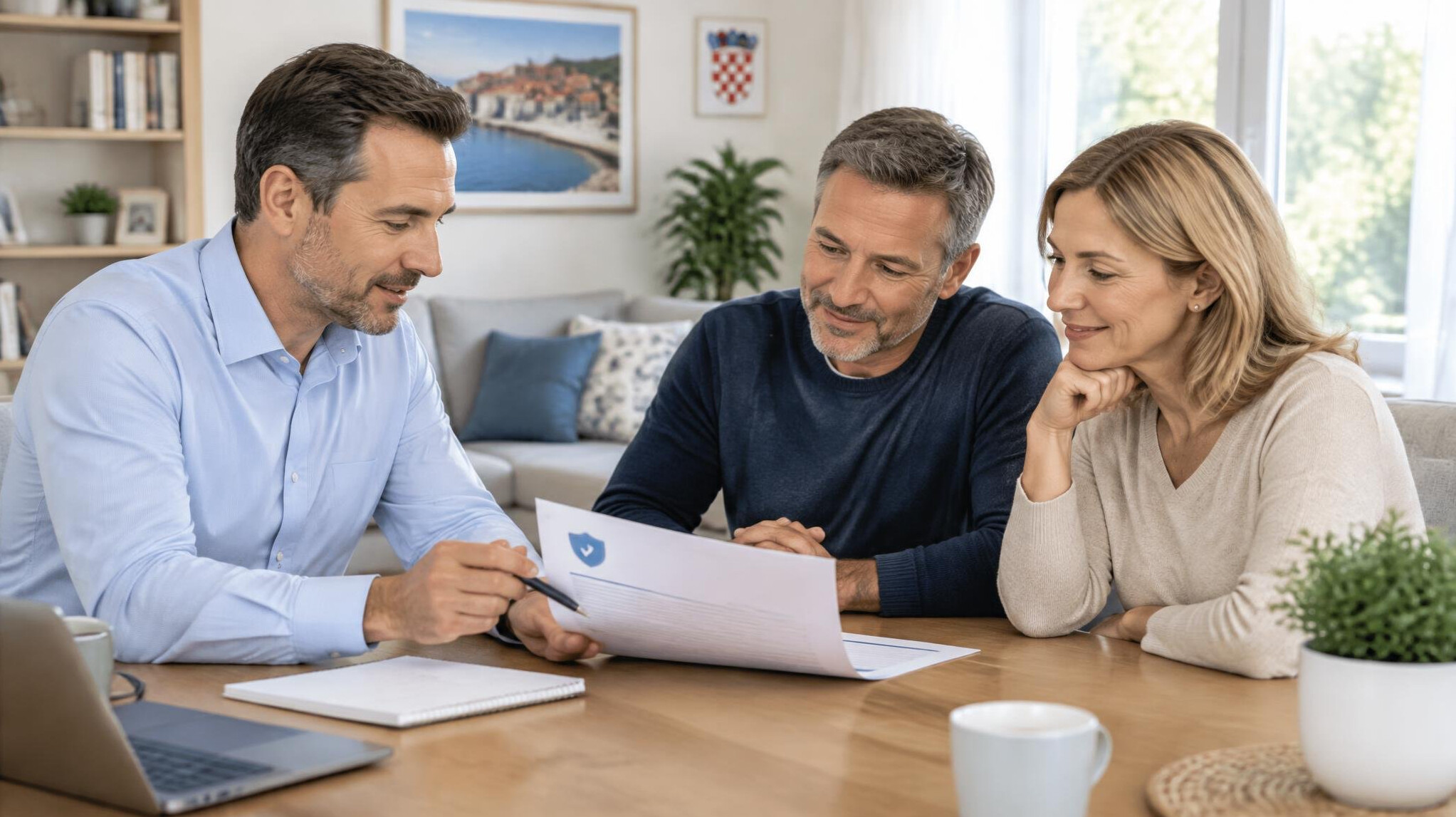 Insurance advisor reviewing documents with homeowners at a table